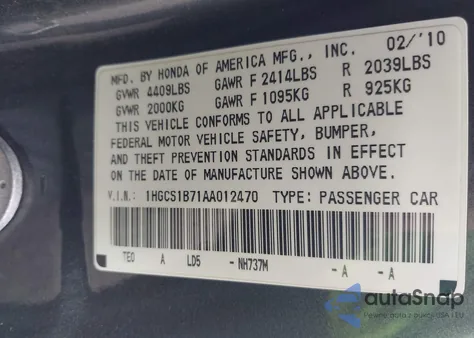 2010 Honda Accord 2.4 Ex from USA, damaged, VIN 1HGCS1B71AA012470